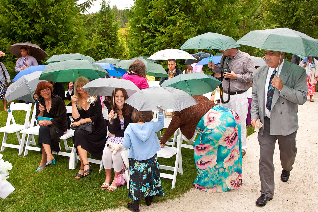 Wedding guests in the rain