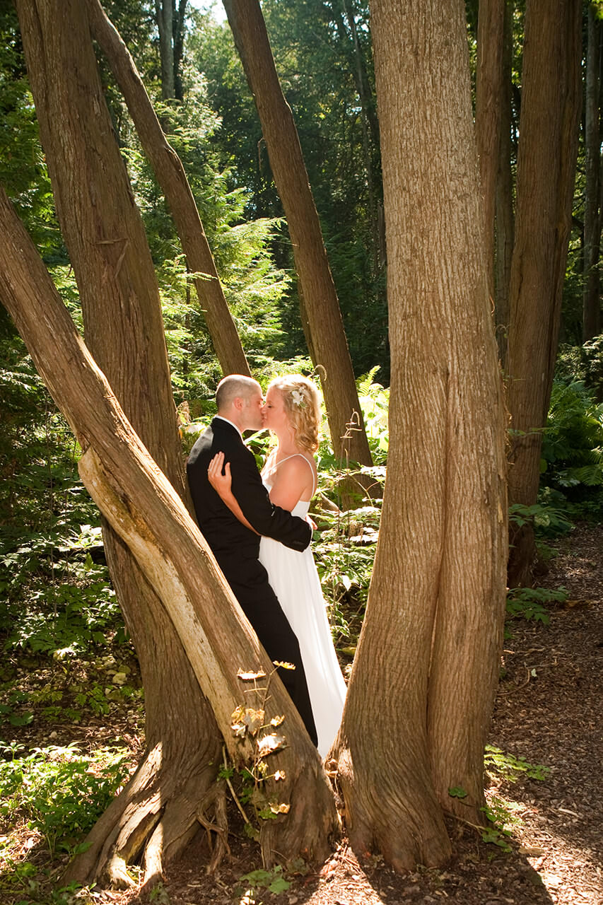 Bride and groom kissing in the woods